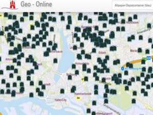 Jede Wertstoffart kann seperat ausgewählt werden: Die Altpapier-Container sind blau umrandet.