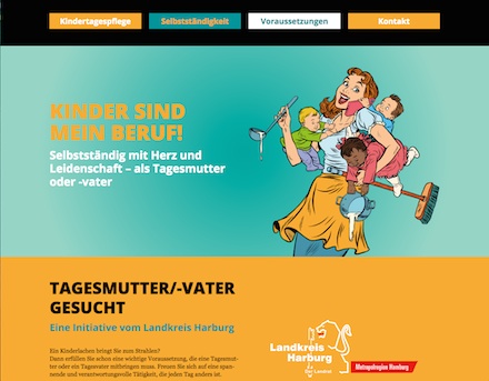 Die Website im One-Page-Design stellt den Nutzern wichtige Informationen rund um das Berufsfeld Tagesmutter zur Verfügung.