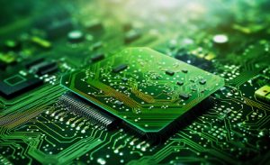 Grün eingefärbte Nahaufnahme einer Computer-Platine.