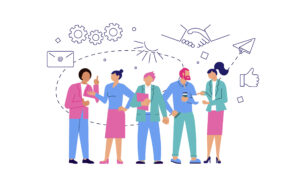 Symbolbild Vernetzung: Illustration einer Menschengruppe, darüber Symbile wie Zahnräder und Briefumschläge.
