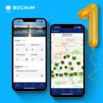 Zwei Smartphones zeigen verschiedene Ansichten der Bochum App, daneben ein Luftballon in Form einer Eins.