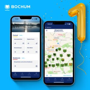 Zwei Smartphones zeigen verschiedene Ansichten der Bochum App, daneben ein Luftballon in Form einer Eins.