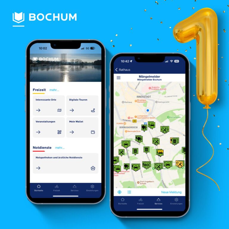 Zwei Smartphones zeigen verschiedene Ansichten der Bochum App, daneben ein Luftballon in Form einer Eins.