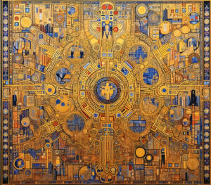 Mit DALL-E-3 geschaffene Grafik unter dem Titel Klimts Interpretation der Auswirkungen von KI auf die Verwaltungsarbeit.