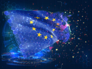 Virtuell abstrakte 3D-Vektorflagge der Europäischen Union aus dreieckigen Polygonen auf blauem Hintergrund.