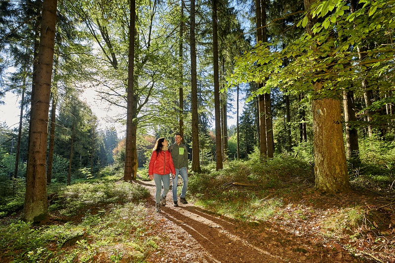 Ein Mann und eine Frau wandern im Fichtelgebirge