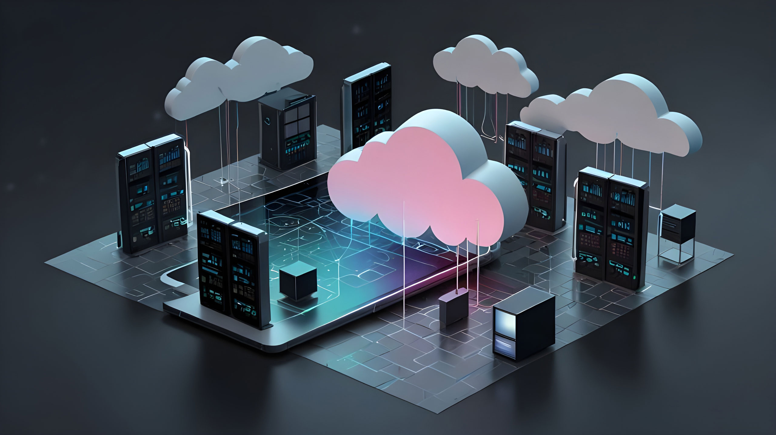 Hardware, die mit darüber schwebenden Wolken verbunden ist.