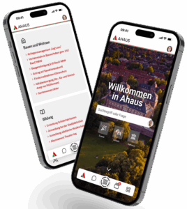 Zwei Smartphonebildschirme zeigen Anwendungen in der SuperApp von Ahaus an.