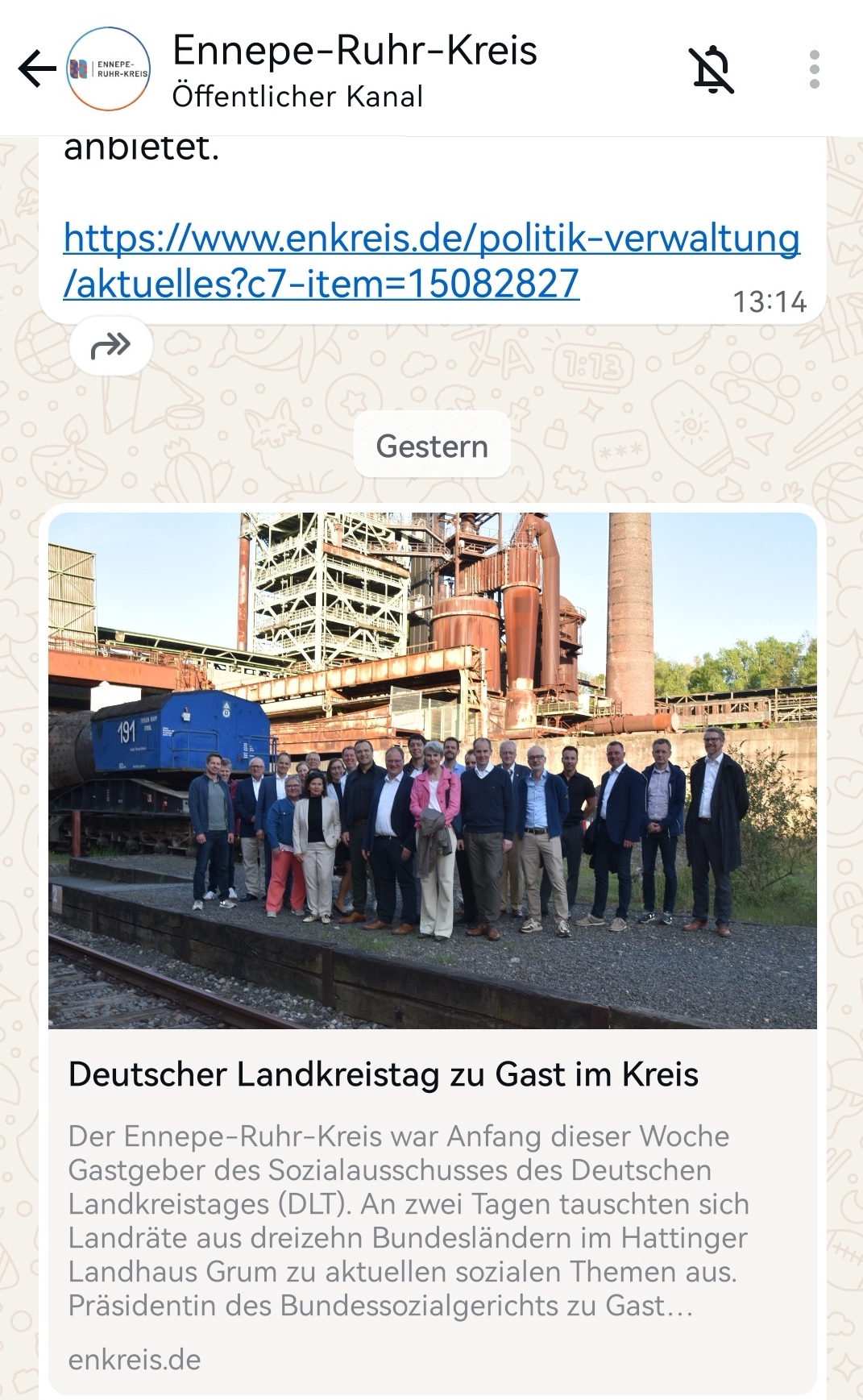 Screenshot des WhatsApp-Kanals des Ennepe-Ruhr-Kreises.