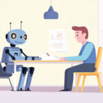 Vektorgrafik eines Roboters, der einem Tisch einem Menschen gegenübersitzt.