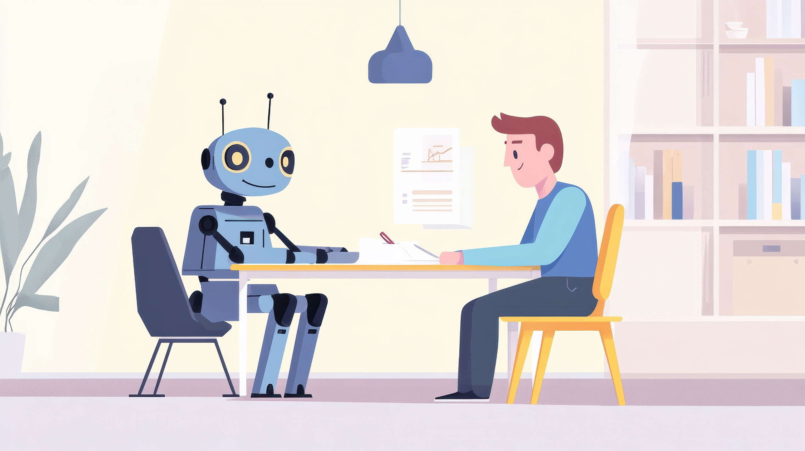 Vektorgrafik eines Roboters, der einem Tisch einem Menschen gegenübersitzt.