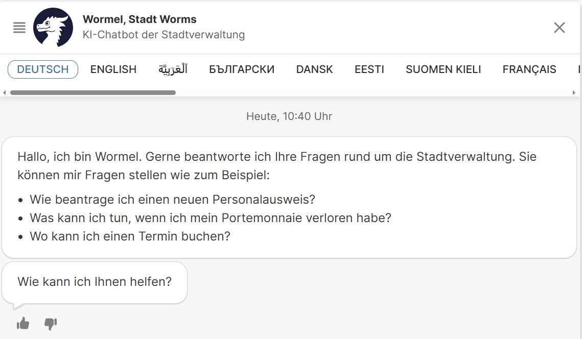 Dialogfenster des Chatbot Wormel