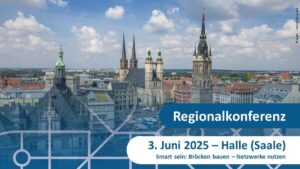 Daten der Veranstaltung, im Hintergrund ist die Stadt Halle (Saale) zu sehen.