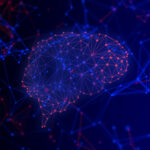 Futuristisch leuchtendes Technologienetzwerk das sich unter anderem zu einer Gehirnform verbindet.