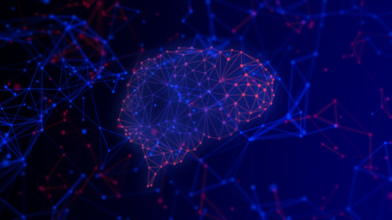Futuristisch leuchtendes Technologienetzwerk das sich unter anderem zu einer Gehirnform verbindet.