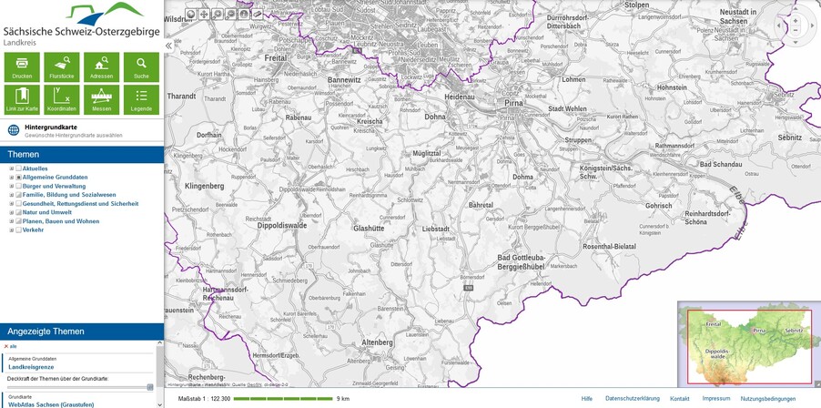 Screenshot des neuen Geoportals des Landkreises Sächsische Schweiz-Osterzgebirge.