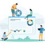 Die Vektorgrafik zeigt Personen, die mithilfe von Technik Statistikdiagramme und -grafiken analysieren.