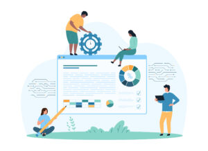 Die Vektorgrafik zeigt Personen, die mithilfe von Technik Statistikdiagramme und -grafiken analysieren.