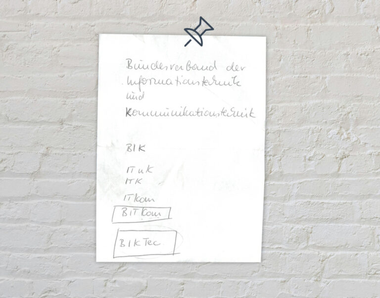 Faksimile des Notizblocks, auf dem der Name Bitkom entwickelt wurde.