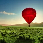 Roter Heißluftballon schwebt über grünen Feldern