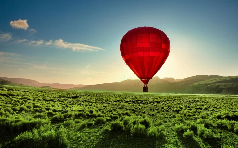 Roter Heißluftballon schwebt über grünen Feldern