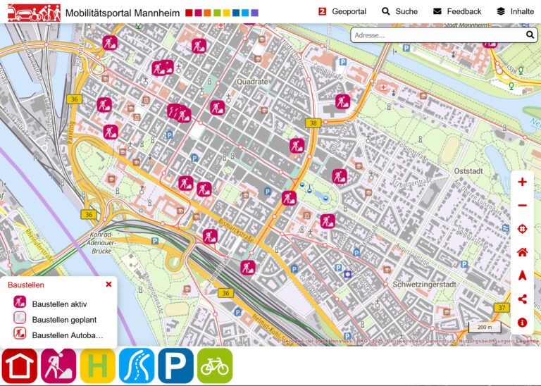 Screensgot aus dem Mannheimer Mobilitätsportal. Zu sehen ist eine Kartenansicht der Innenstadt mit eingeblendeten Baustellen.