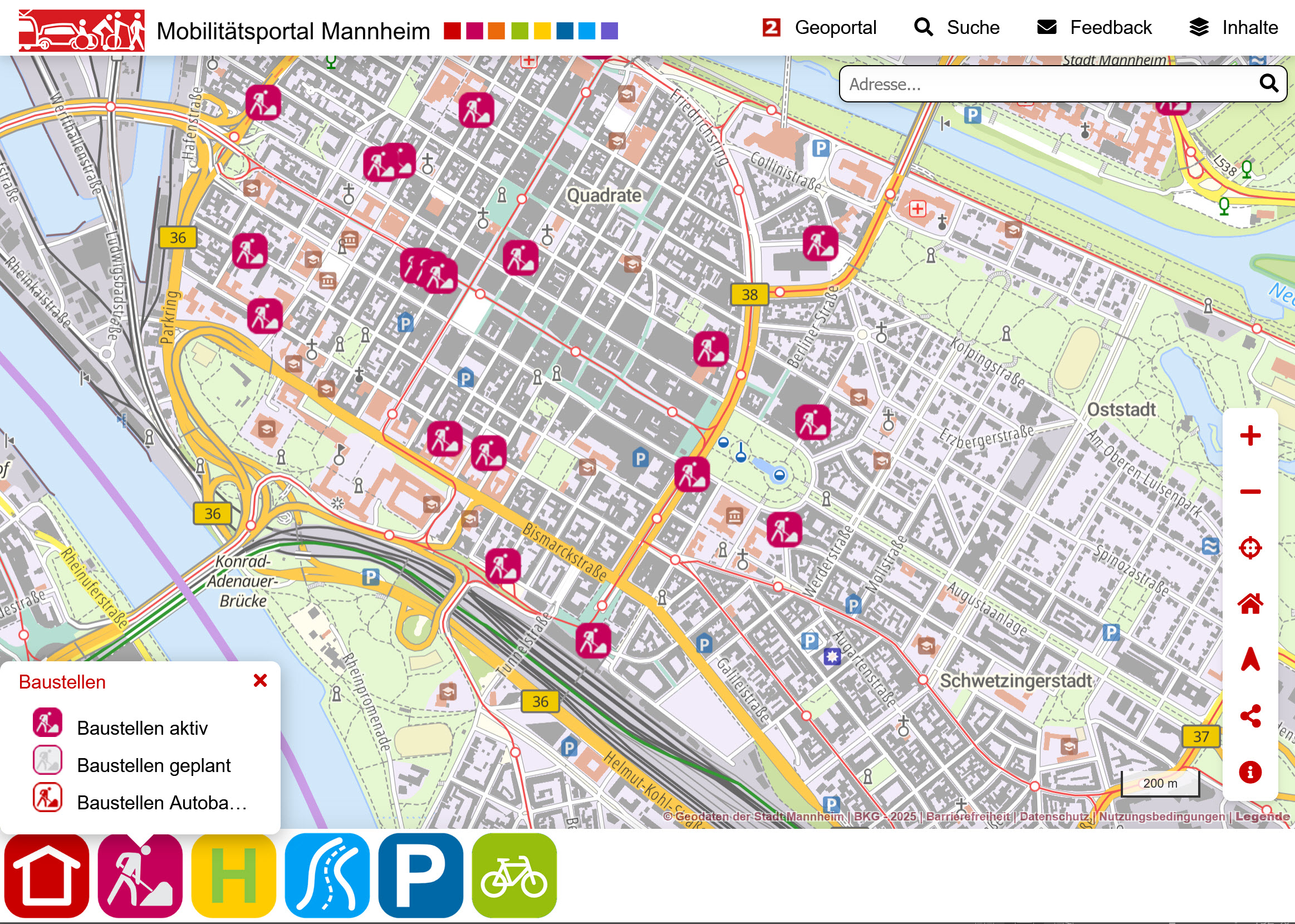 Screensgot aus dem Mannheimer Mobilitätsportal. Zu sehen ist eine Kartenansicht der Innenstadt mit eingeblendeten Baustellen.