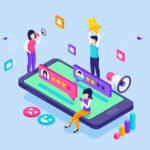 Vektorillustration mit jungen Menschen in der Nähe eines großen Smartphones, die Feedback und Bewertungen für ein Produkt oder eine Dienstleistung abgeben.