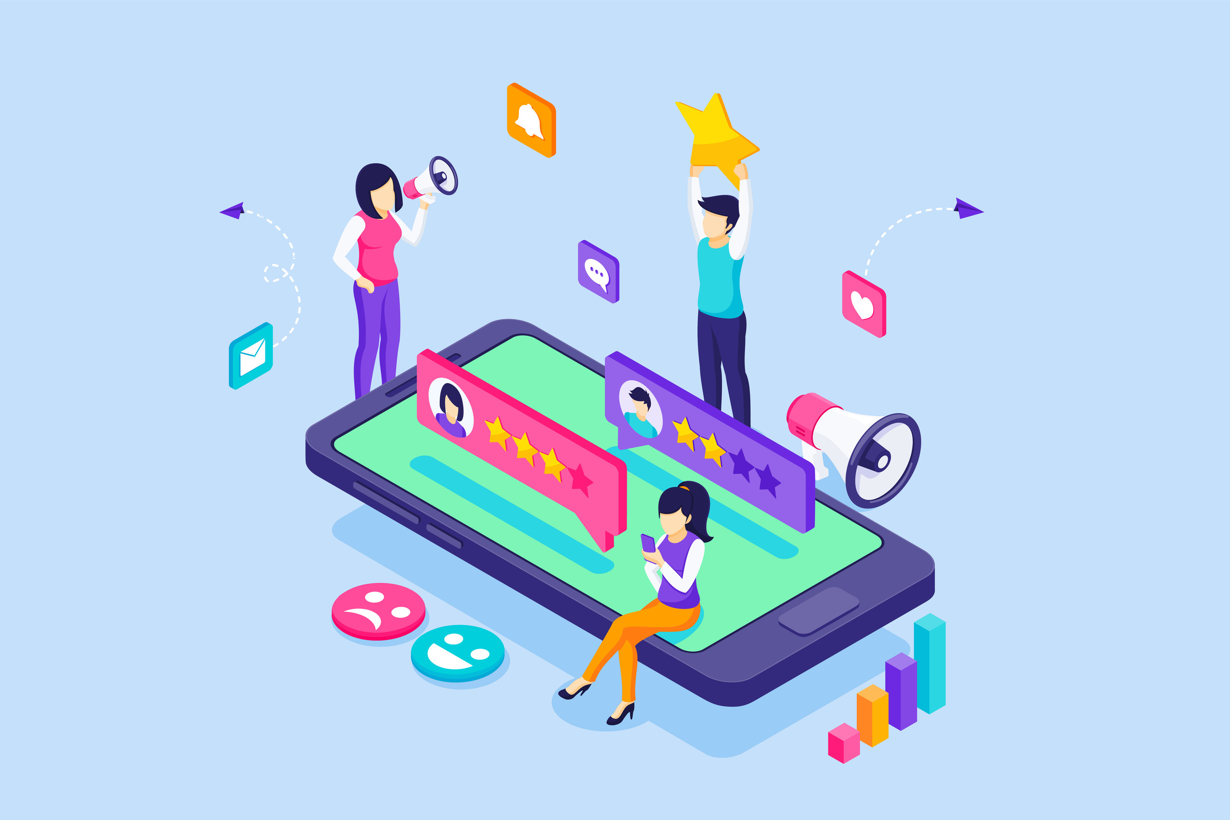 Vektorillustration mit jungen Menschen in der Nähe eines großen Smartphones, die Feedback und Bewertungen für ein Produkt oder eine Dienstleistung abgeben.