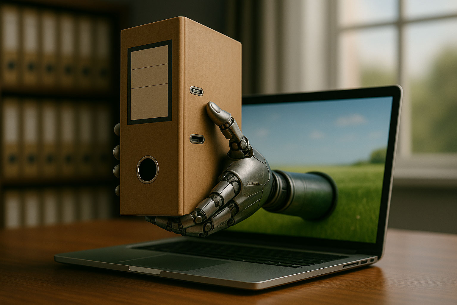 Eine Roboterhand überreicht aus einem Laptop heraus einen Ordner.