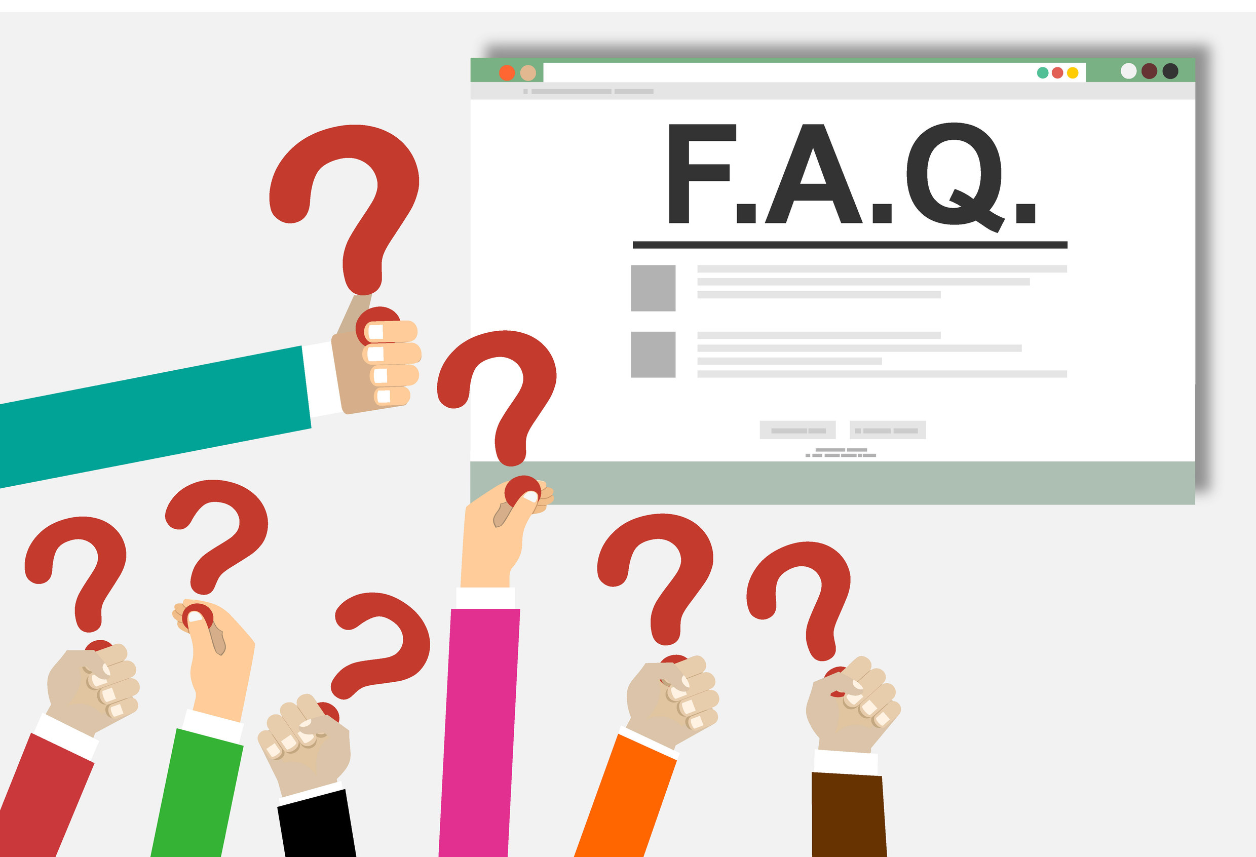 Mehrere Hände halten Fragezeichen in den Händen, im Hintergrund ein Bildschirm mit einer FAQ-Website. Vektorillustration.