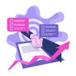 Händedruck in perspektivischer Ansicht, Vertrag mit Unterschrift, Liste der Bedingungen in Dialogfeldform, Ziel und Pfeil nach oben - Vektorgrafik.