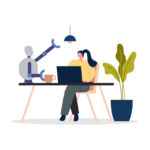 Illustration: eine als Roboter dargestellte generative KI hilft einer Frau bei der Schreibtischarbeit.