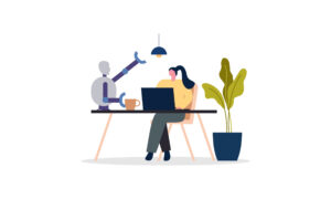 Illustration: eine als Roboter dargestellte generative KI hilft einer Frau bei der Schreibtischarbeit.