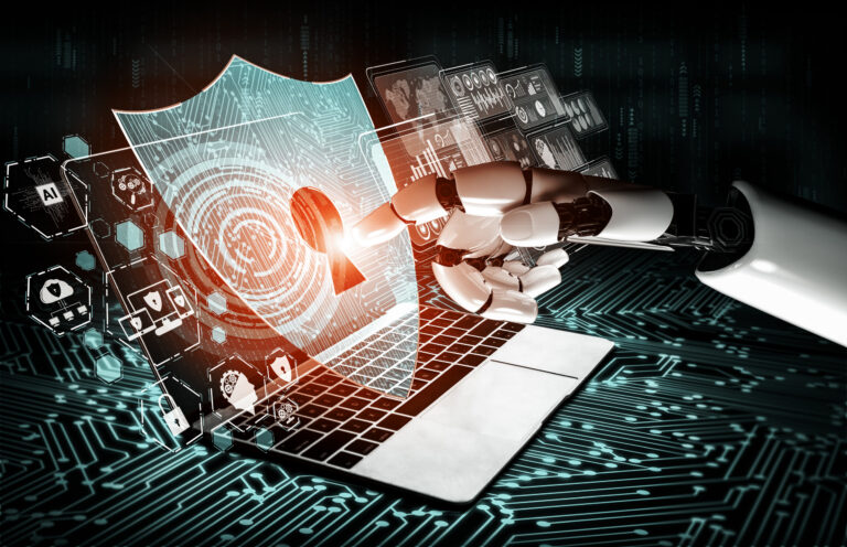 Eine Roboterhand tippt mit dem Finger ein digitales Sicherheitsschloss an.