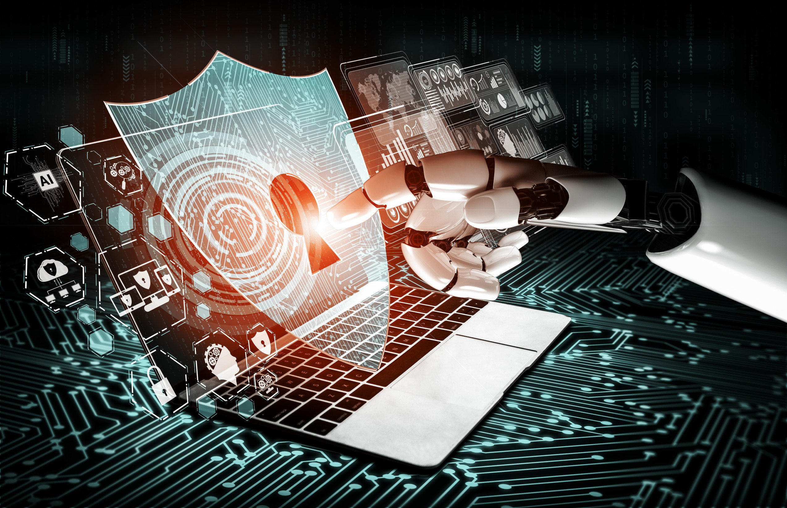 Eine Roboterhand tippt mit dem Finger ein digitales Sicherheitsschloss an.