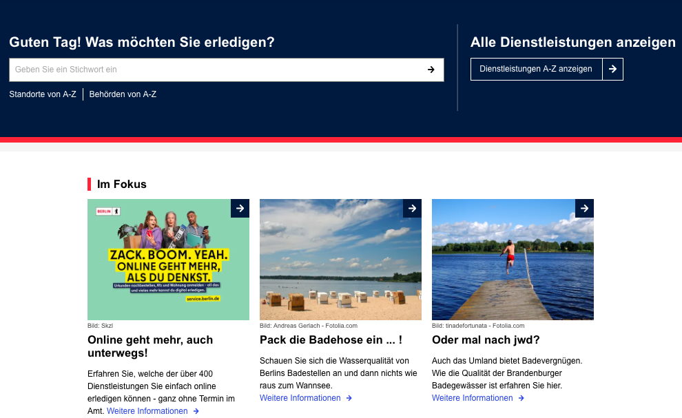 Screenshot der Startseite von service.berlin.de.