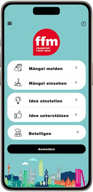 Startbildschirm der App Frankfurt fragt mich.