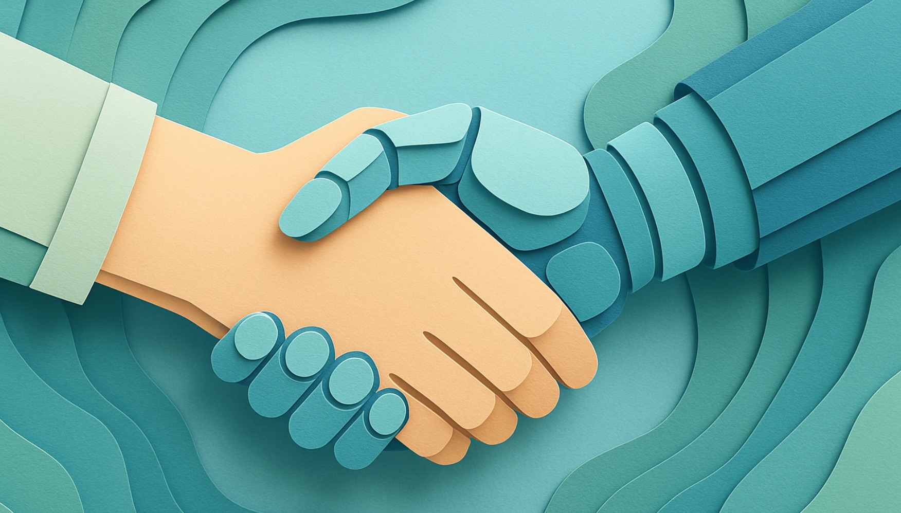 Eine menschliche und eine Roboterhand schütteln Hände