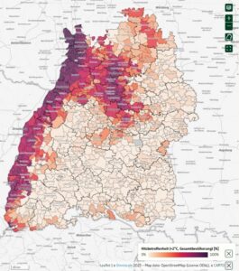 Der Kartenviewer zeigt die Hitzebetroffenheit für die Kategorie Gesamtbevölkerung im Klimaszenario plus zwei Grad Celsius an.