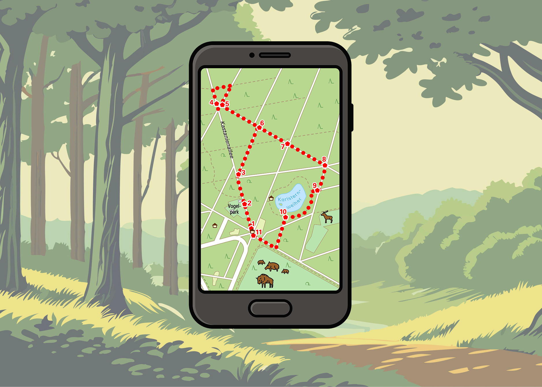 Darstellung der Wanderkarte am Handy-Bildschirm