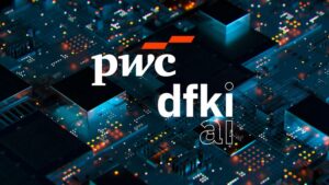 Im Bildzentrum stehen die Logos von PwC und DFKI, im Hintergrund sind Hardware-Komponenten zu sehen.