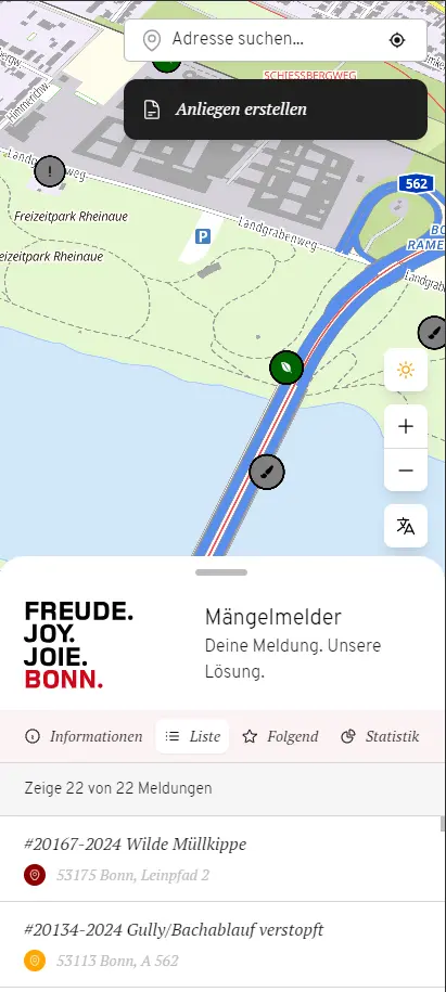 Screenshot auf dem Handy des Bonner Mängelmelders