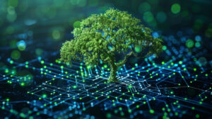 Ein Baum wächst aus einem Boden, bestehend aus leuchtenden Linien, heraus.