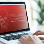 Auf einem Laptop ist auf rotem Hintergrund ein digitaler Totenkopf zu sehen