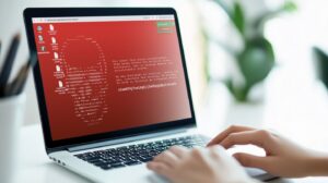 Auf einem Laptop ist auf rotem Hintergrund ein digitaler Totenkopf zu sehen