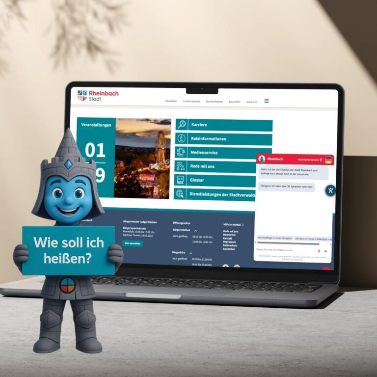 Auf dem Bildschirm eines Laptops ist die Rheinbacher Website zu sehen, davor steht der Chatbot mit einem Schild in den Händen auf dem steht: Wie soll ich heißen?