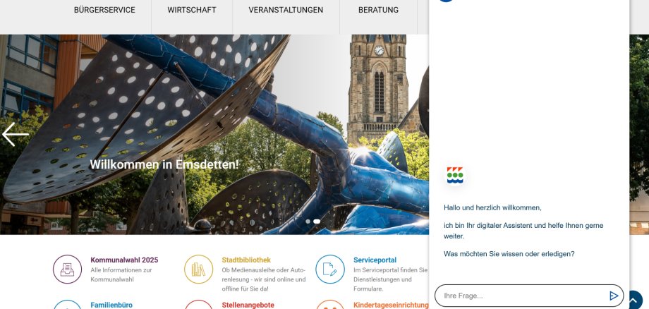 Screenshot der Emsdettener Website, auf der der Chatbot zu sehen ist.