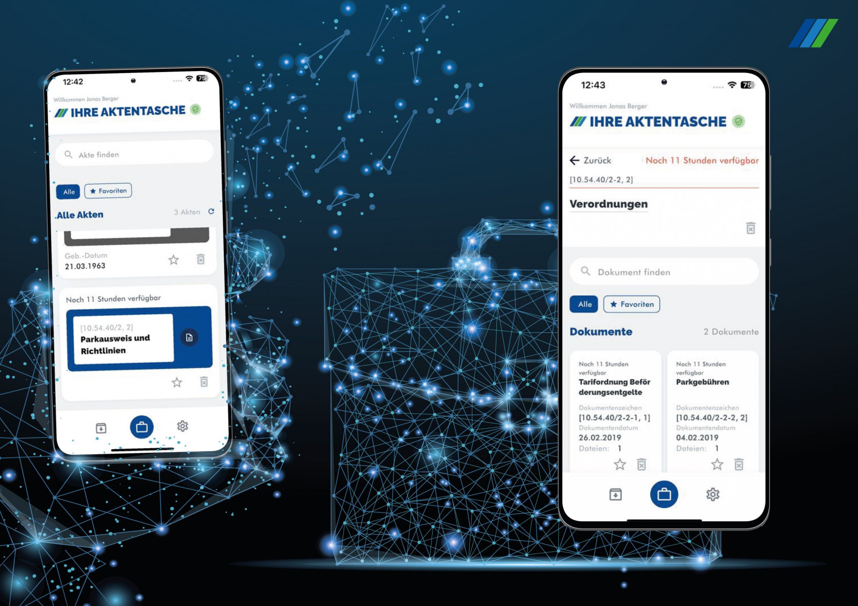 Auf zwei Smartphones ist die Digitale Aktentasche von Lorenz Orga-Systeme zu sehen.