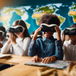 Gruppe von Kindern mit virtueller Brille im Klassenzimmer mit kartengenerativer KI